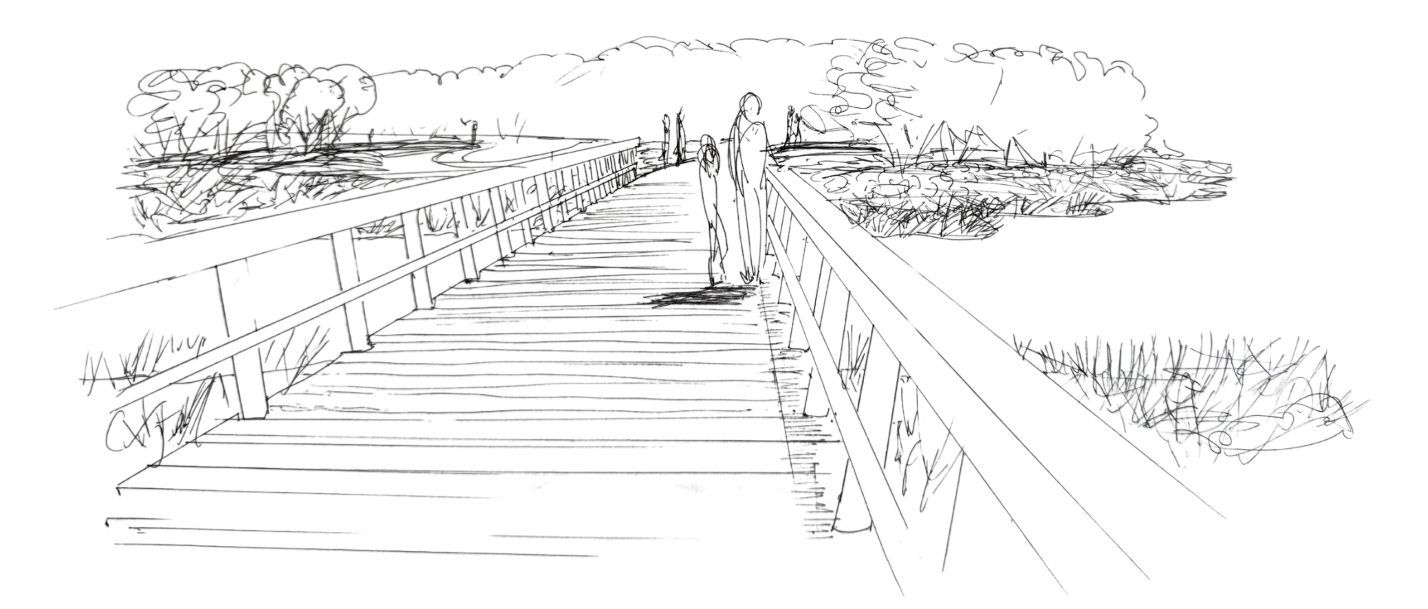 sketch of people walking on long bridge